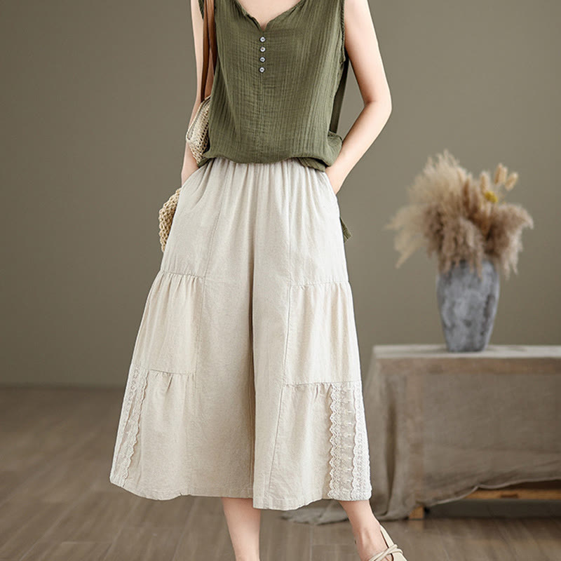 Nimara Ritual Casual Plain Lace Splicing Cotton Linen Women's Cropped Wide Leg Pants With Pockets