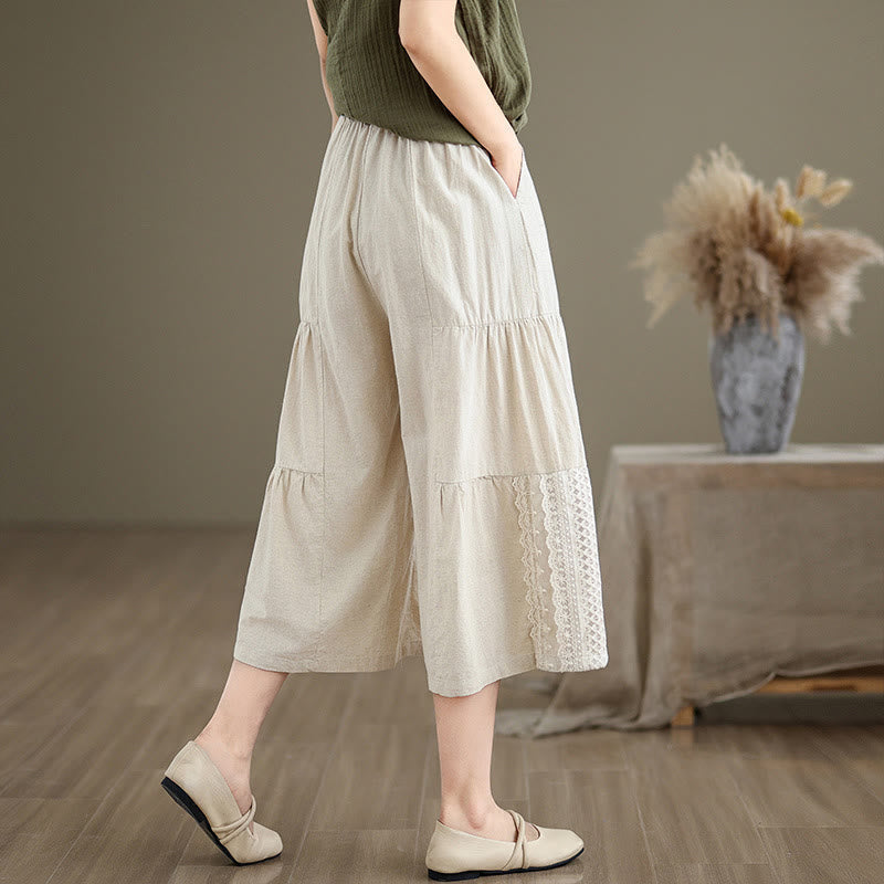 Nimara Ritual Casual Plain Lace Splicing Cotton Linen Women's Cropped Wide Leg Pants With Pockets