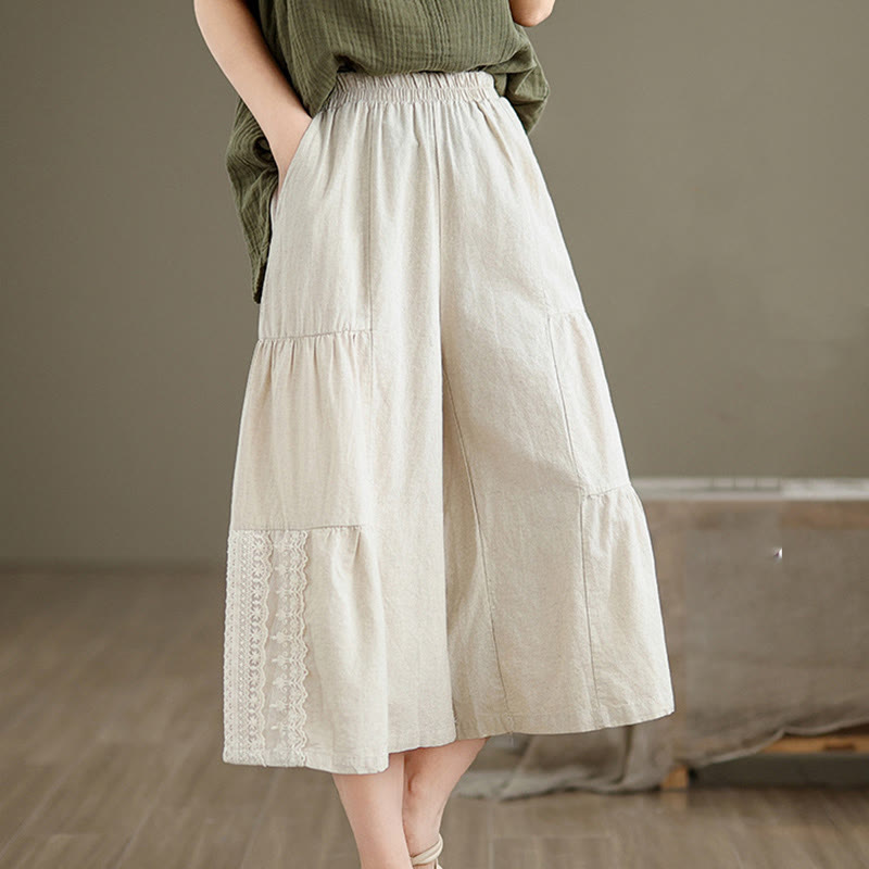 Nimara Ritual Casual Plain Lace Splicing Cotton Linen Women's Cropped Wide Leg Pants With Pockets