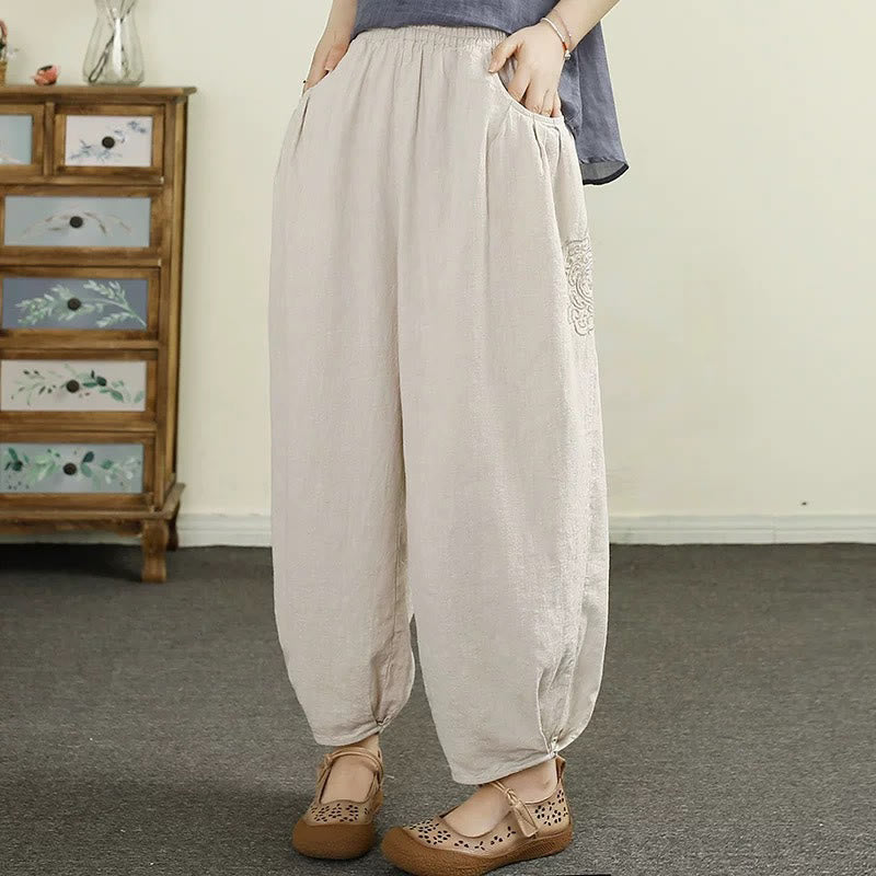 Nimara Ritual Vintage Solid Color Embroidery Cotton Linen Women's 7-8 Length Harem Pants With Pockets