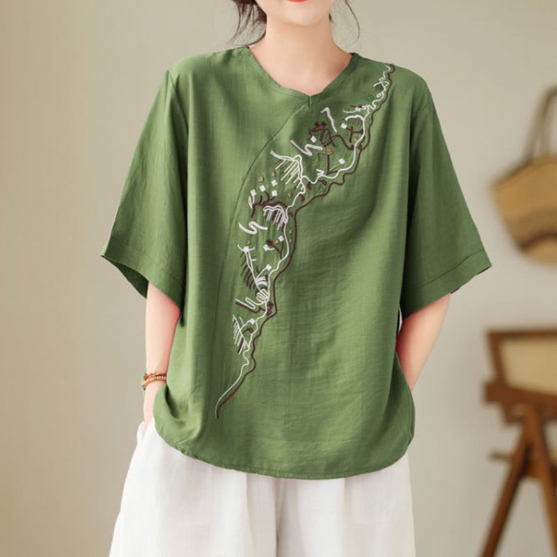Nimara Ritual Ethnic Casual Embroidered Geometry Pattern Women's Crew Neck Design Half Sleeve T-Shirt