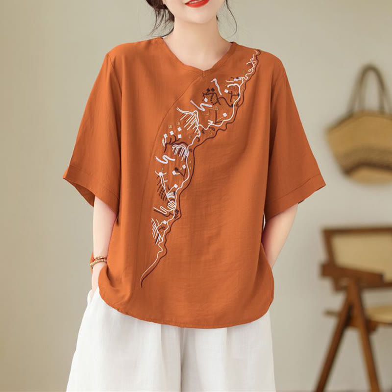 Nimara Ritual Ethnic Casual Embroidered Geometry Pattern Women's Crew Neck Design Half Sleeve T-Shirt