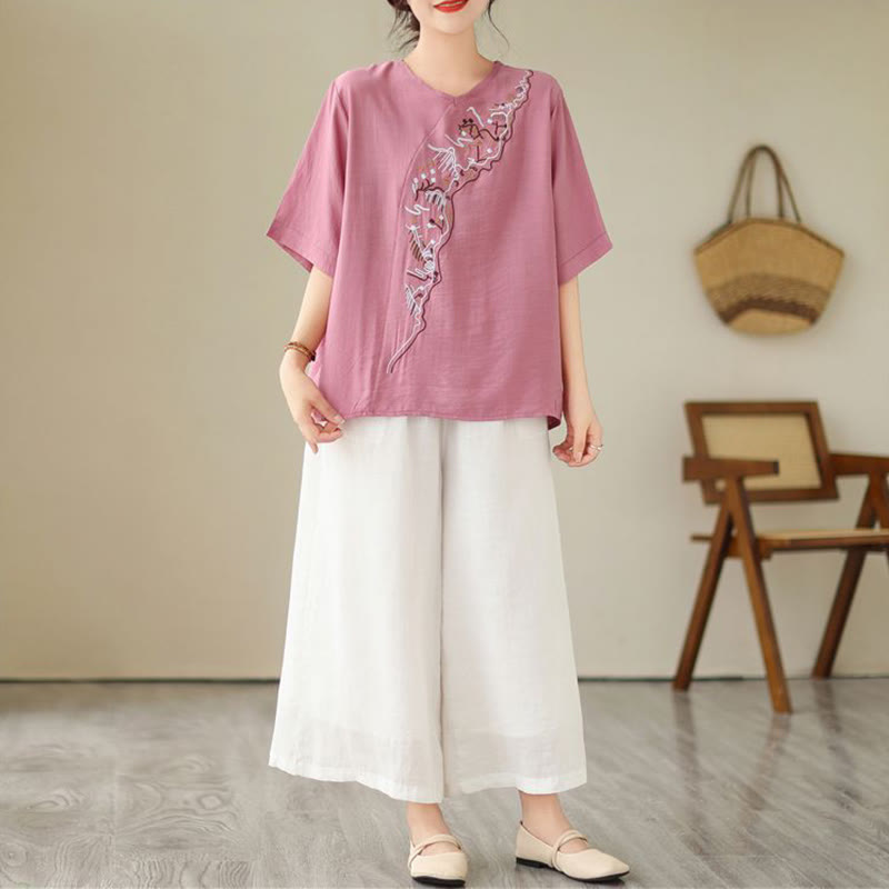 Nimara Ritual Ethnic Casual Embroidered Geometry Pattern Women's Crew Neck Design Half Sleeve T-Shirt