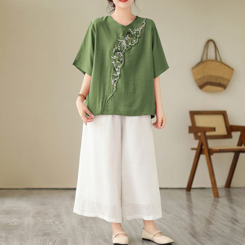 Nimara Ritual Ethnic Casual Embroidered Geometry Pattern Women's Crew Neck Design Half Sleeve T-Shirt