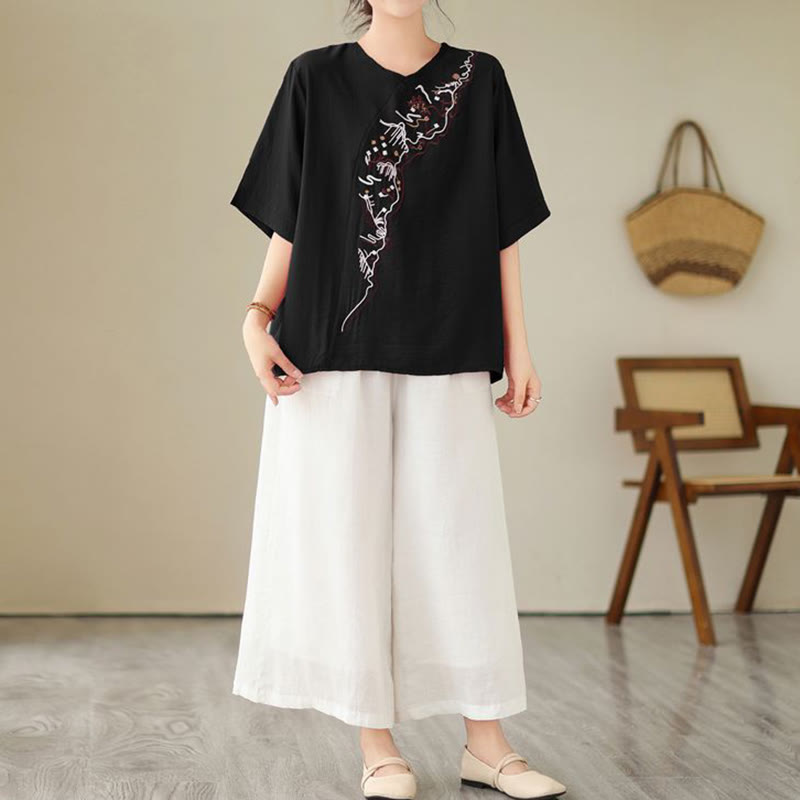 Nimara Ritual Ethnic Casual Embroidered Geometry Pattern Women's Crew Neck Design Half Sleeve T-Shirt