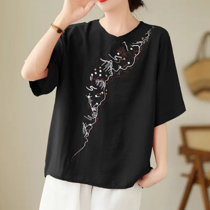 Nimara Ritual Ethnic Casual Embroidered Geometry Pattern Women's Crew Neck Design Half Sleeve T-Shirt