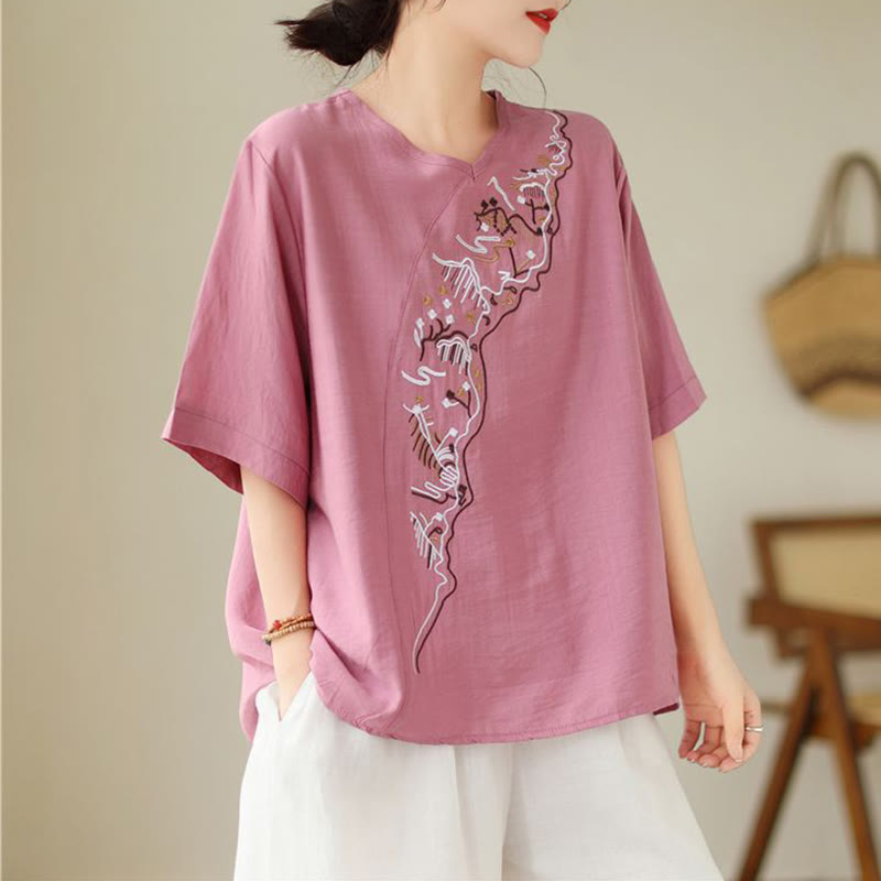 Nimara Ritual Ethnic Casual Embroidered Geometry Pattern Women's Crew Neck Design Half Sleeve T-Shirt