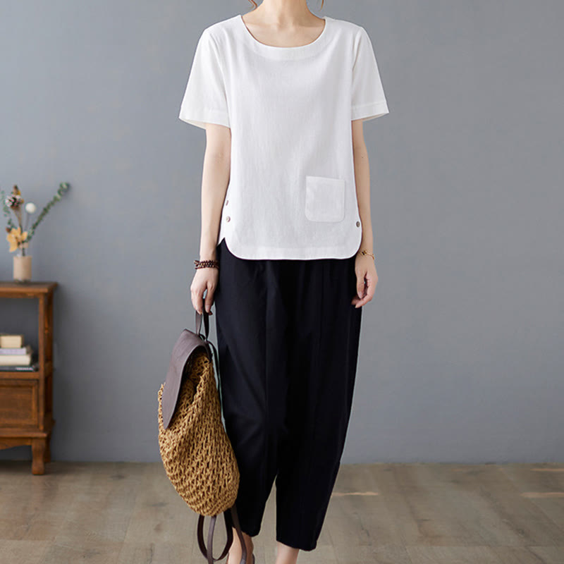 Nimara Ritual Side Slit Design Women's Cotton Polyester Crew Neck Short Sleeve T-Shirt Wtih Pocket