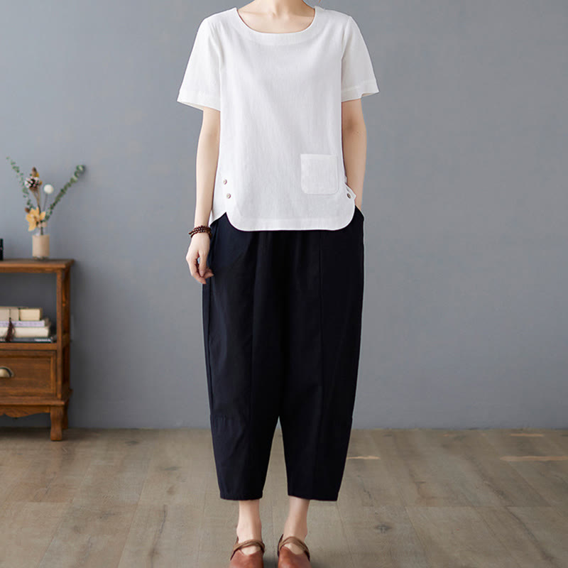Nimara Ritual Side Slit Design Women's Cotton Polyester Crew Neck Short Sleeve T-Shirt Wtih Pocket
