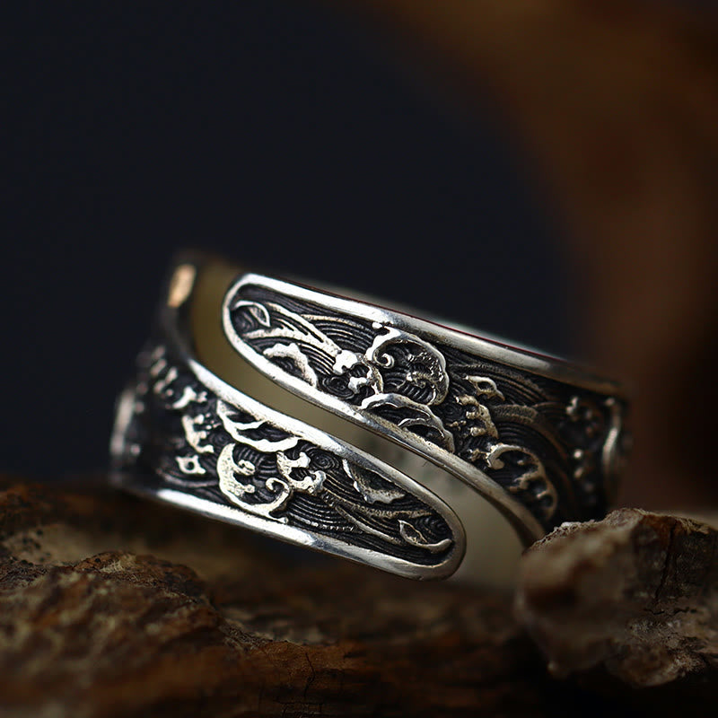 Nimara Ritual Adjustable Opening 925 Sterling Silver Lucky Koi Fish Copper Coin Auspicious Clouds Wealth Ring