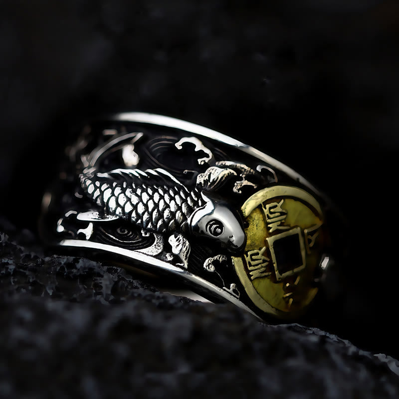 Nimara Ritual Adjustable Opening 925 Sterling Silver Lucky Koi Fish Copper Coin Auspicious Clouds Wealth Ring