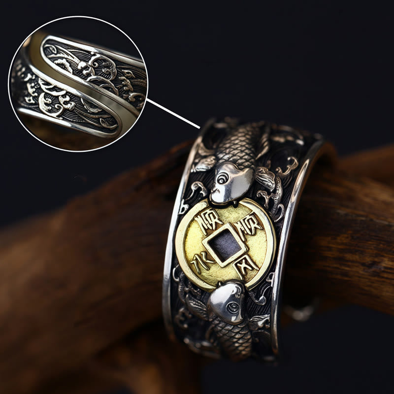 Nimara Ritual Adjustable Opening 925 Sterling Silver Lucky Koi Fish Copper Coin Auspicious Clouds Wealth Ring
