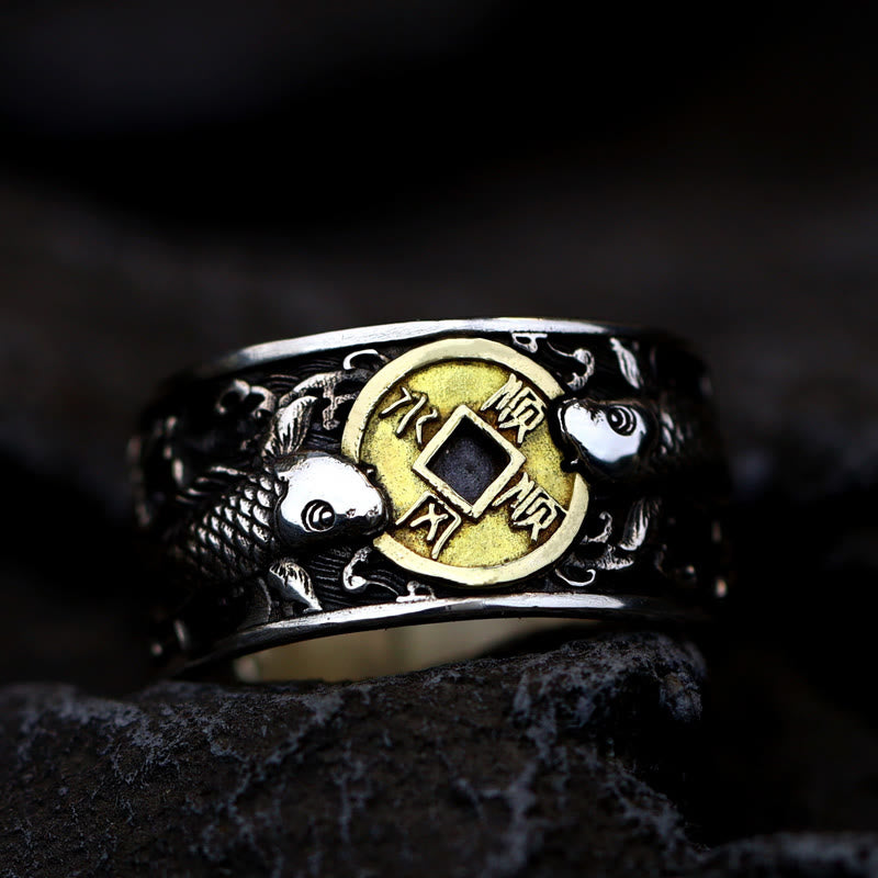 Nimara Ritual Adjustable Opening 925 Sterling Silver Lucky Koi Fish Copper Coin Auspicious Clouds Wealth Ring