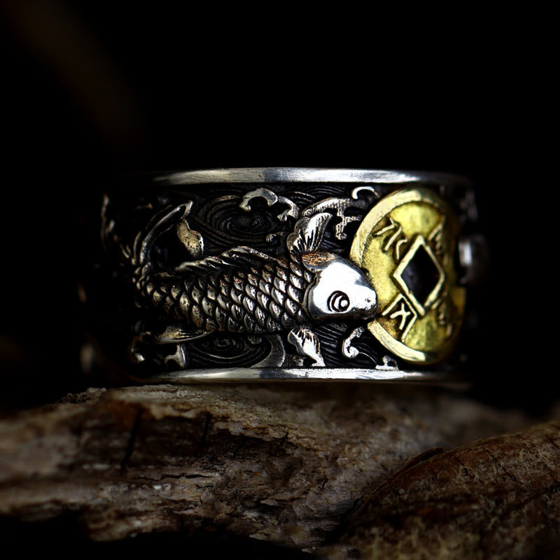 Nimara Ritual Adjustable Opening 925 Sterling Silver Lucky Koi Fish Copper Coin Auspicious Clouds Wealth Ring