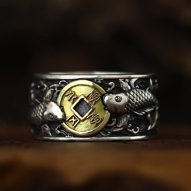 Nimara Ritual Adjustable Opening 925 Sterling Silver Lucky Koi Fish Copper Coin Auspicious Clouds Wealth Ring