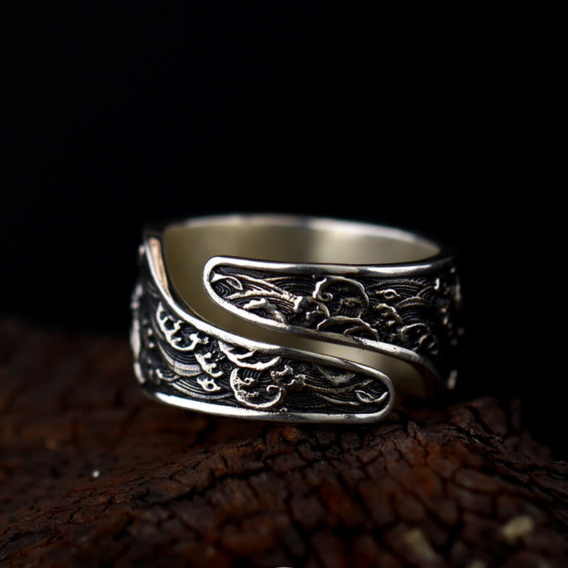 Nimara Ritual Adjustable Opening 925 Sterling Silver Lucky Koi Fish Copper Coin Auspicious Clouds Wealth Ring