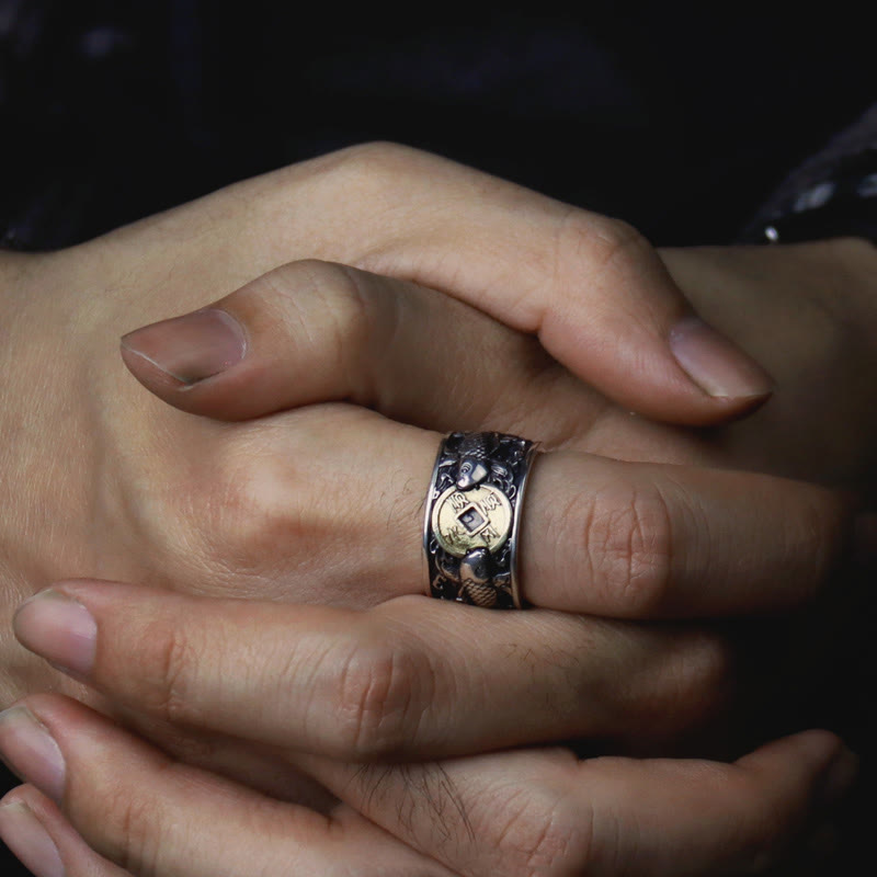Nimara Ritual Adjustable Opening 925 Sterling Silver Lucky Koi Fish Copper Coin Auspicious Clouds Wealth Ring