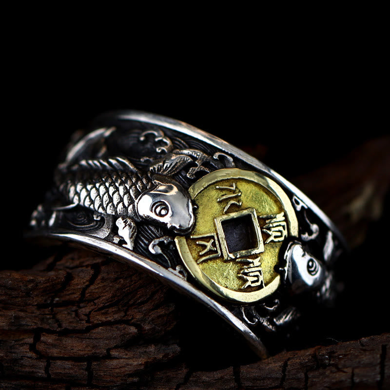 Nimara Ritual Adjustable Opening 925 Sterling Silver Lucky Koi Fish Copper Coin Auspicious Clouds Wealth Ring