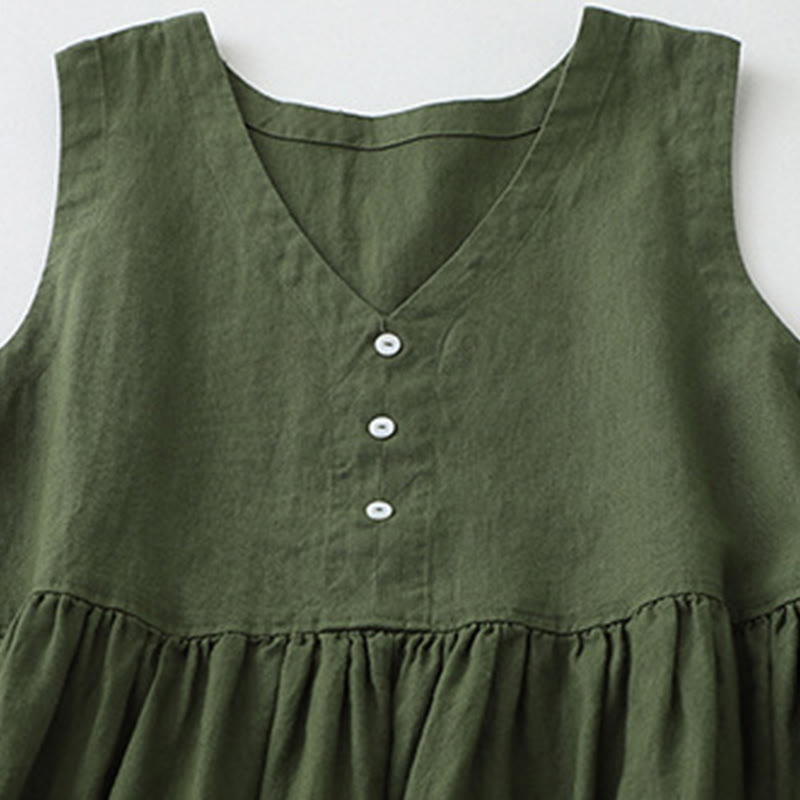 Nimara Ritual Daily Casual Pure Color V-Neck Simple Buttons Design Sleeveless Midi Dress