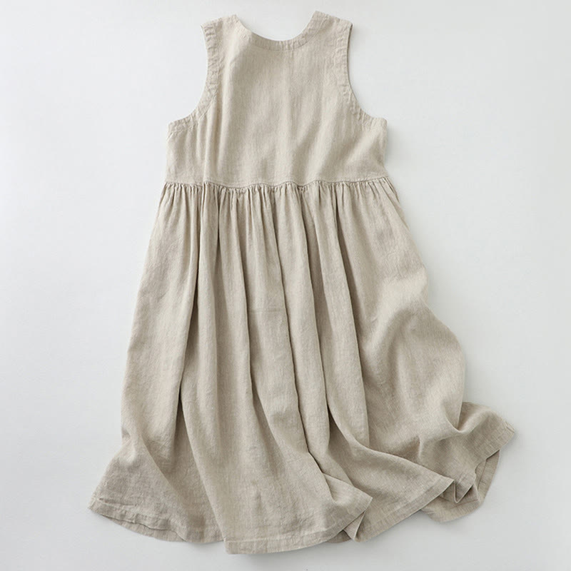 Nimara Ritual Daily Casual Pure Color V-Neck Simple Buttons Design Sleeveless Midi Dress