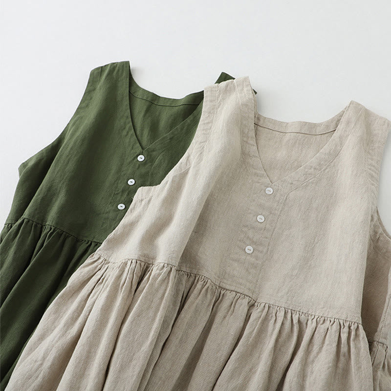 Nimara Ritual Daily Casual Pure Color V-Neck Simple Buttons Design Sleeveless Midi Dress