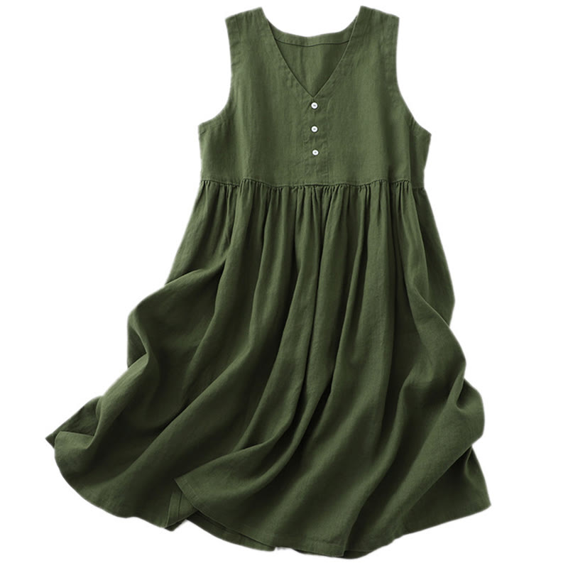 Nimara Ritual Daily Casual Pure Color V-Neck Simple Buttons Design Sleeveless Midi Dress