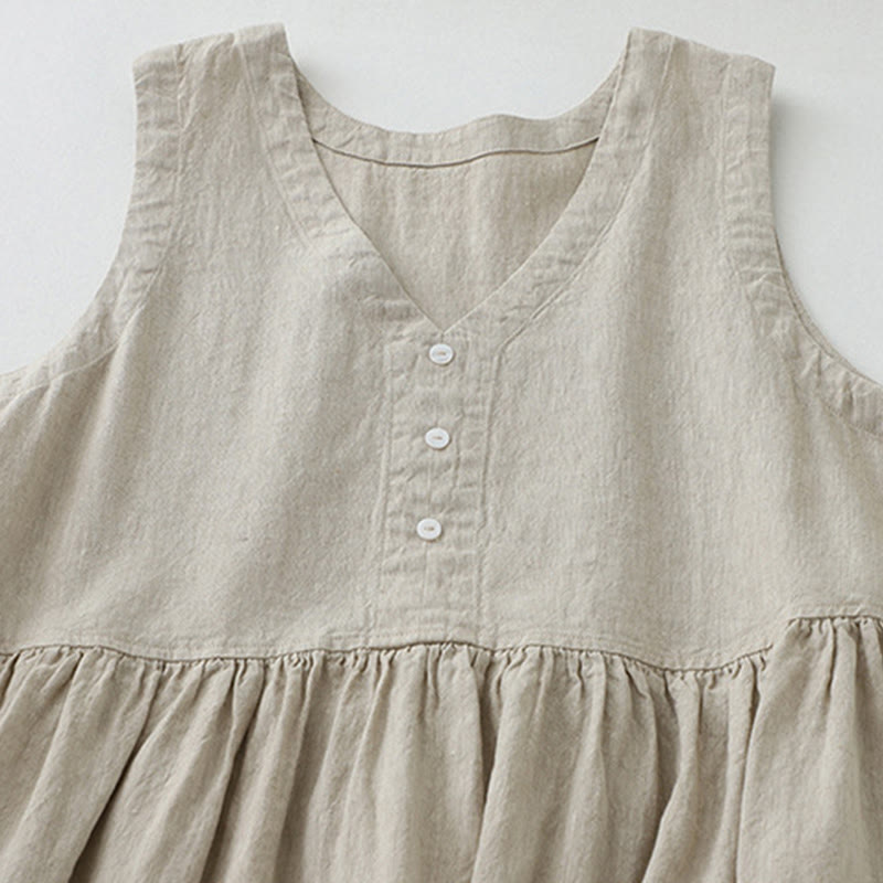 Nimara Ritual Daily Casual Pure Color V-Neck Simple Buttons Design Sleeveless Midi Dress