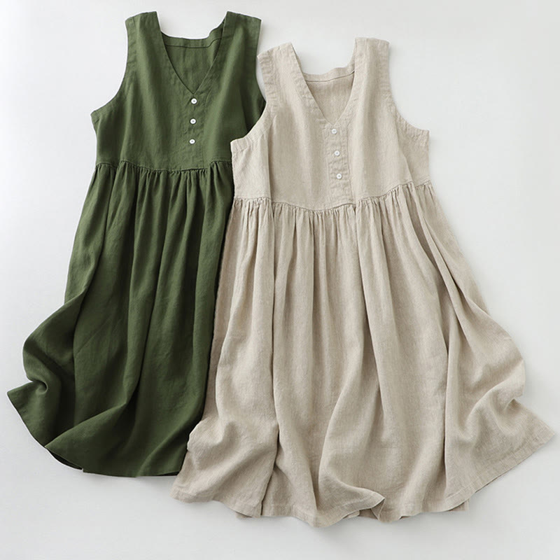 Nimara Ritual Daily Casual Pure Color V-Neck Simple Buttons Design Sleeveless Midi Dress