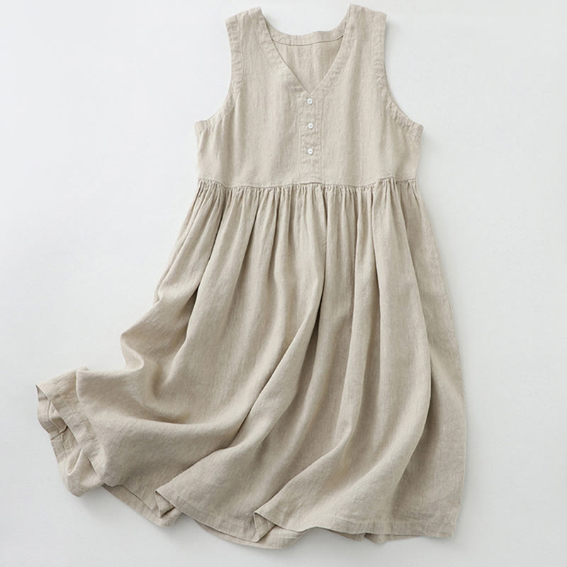 Nimara Ritual Daily Casual Pure Color V-Neck Simple Buttons Design Sleeveless Midi Dress