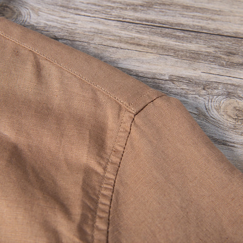 Nimara Ritual Daily Plain Patch Color Matching Design Men's Short Sleeve Cotton Linen Shirt