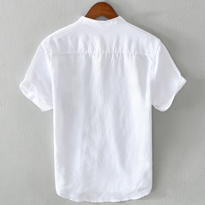 Nimara Ritual Daily Plain Patch Color Matching Design Men's Short Sleeve Cotton Linen Shirt