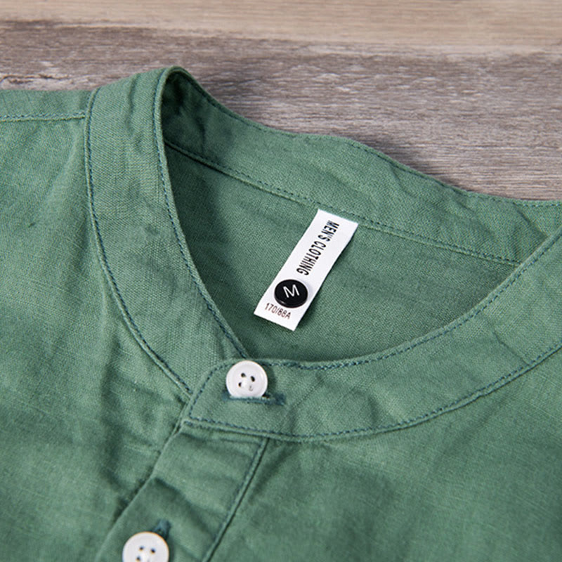 Nimara Ritual Daily Plain Patch Color Matching Design Men's Short Sleeve Cotton Linen Shirt