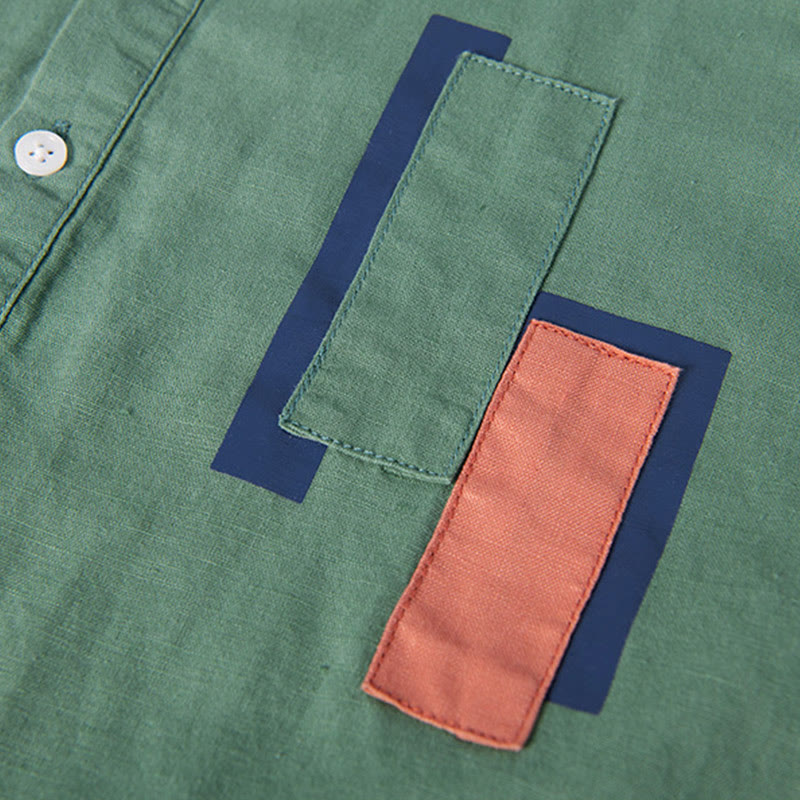 Nimara Ritual Daily Plain Patch Color Matching Design Men's Short Sleeve Cotton Linen Shirt