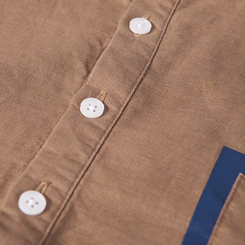 Nimara Ritual Daily Plain Patch Color Matching Design Men's Short Sleeve Cotton Linen Shirt