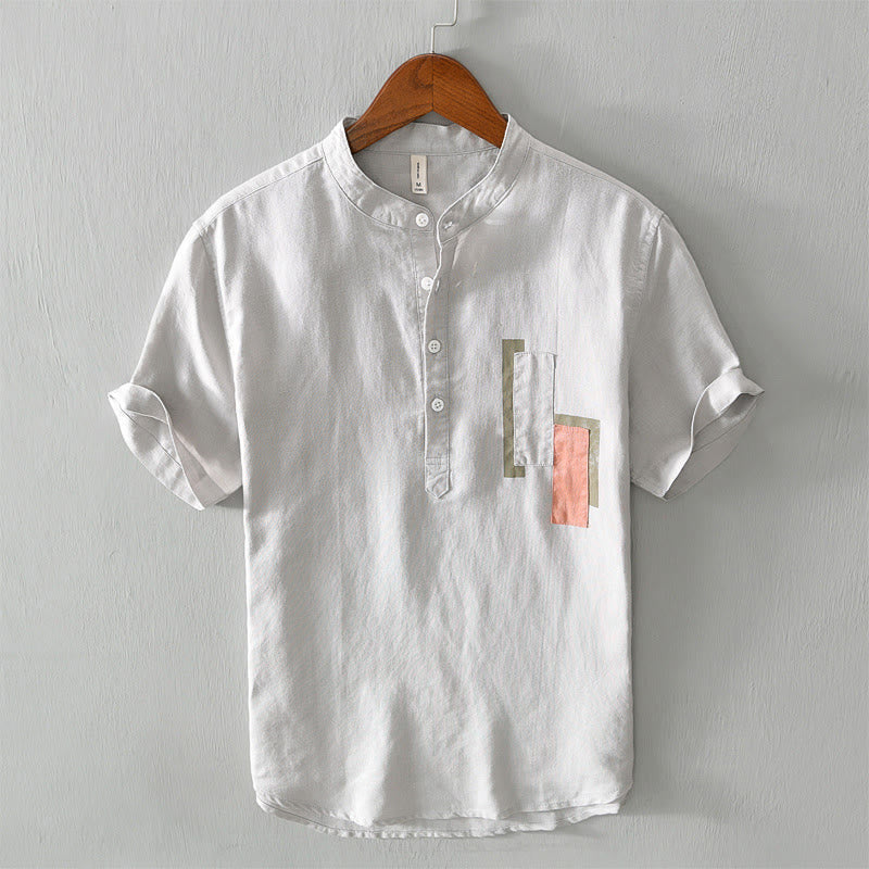 Nimara Ritual Daily Plain Patch Color Matching Design Men's Short Sleeve Cotton Linen Shirt