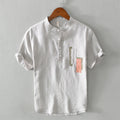 Nimara Ritual Daily Plain Patch Color Matching Design Men's Short Sleeve Cotton Linen Shirt