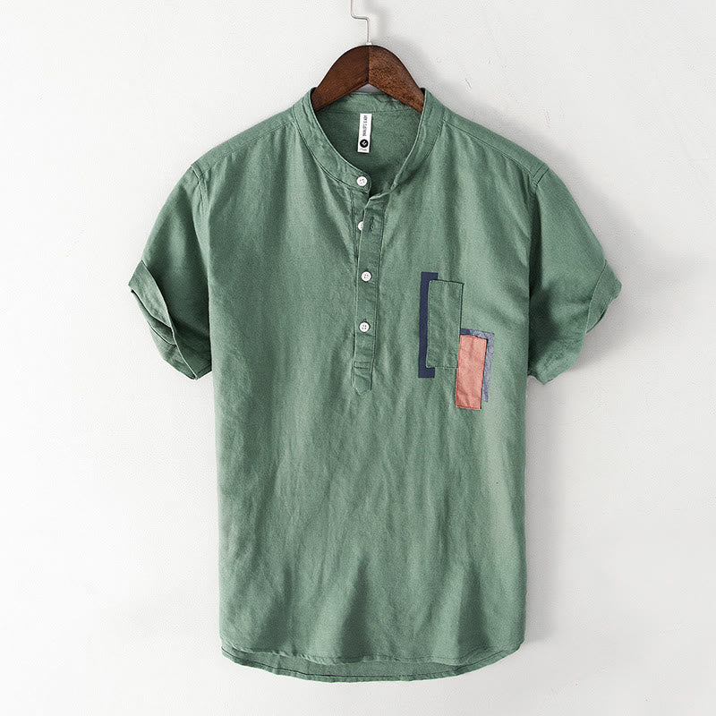 Nimara Ritual Daily Plain Patch Color Matching Design Men's Short Sleeve Cotton Linen Shirt
