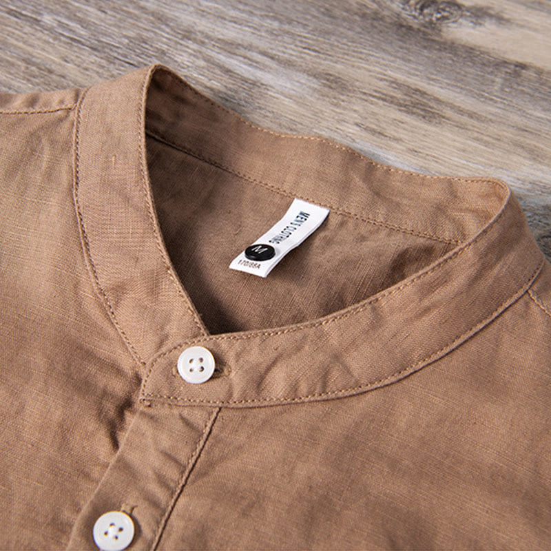 Nimara Ritual Daily Plain Patch Color Matching Design Men's Short Sleeve Cotton Linen Shirt