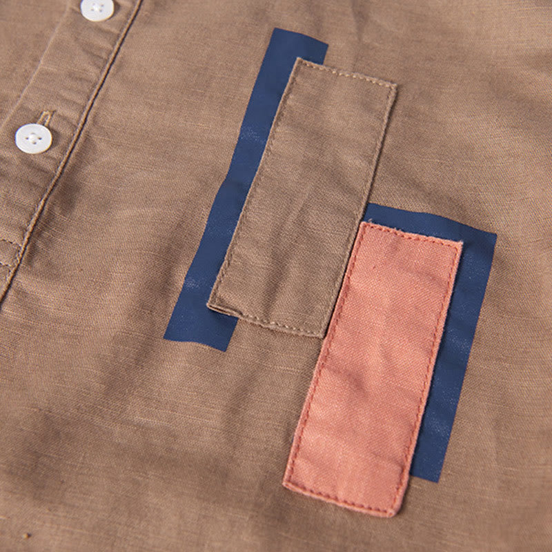 Nimara Ritual Daily Plain Patch Color Matching Design Men's Short Sleeve Cotton Linen Shirt