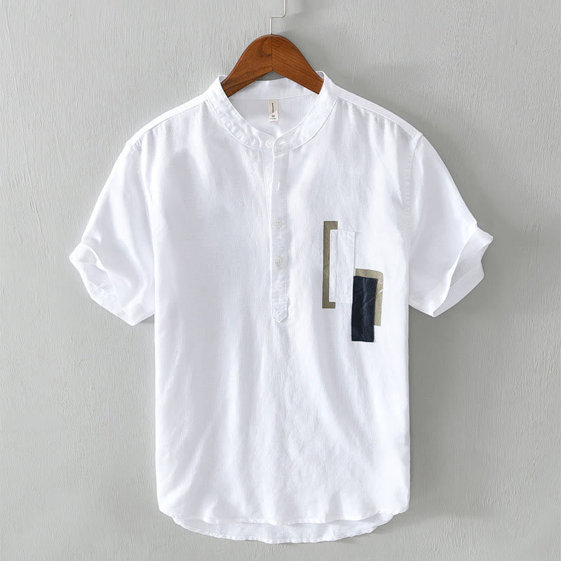 Nimara Ritual Daily Plain Patch Color Matching Design Men's Short Sleeve Cotton Linen Shirt