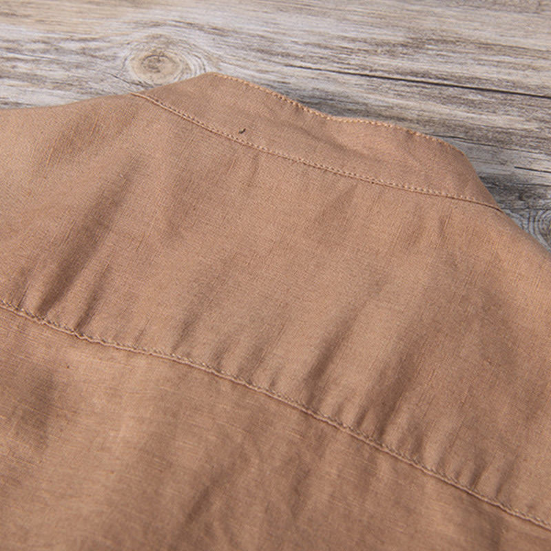 Nimara Ritual Daily Plain Patch Color Matching Design Men's Short Sleeve Cotton Linen Shirt