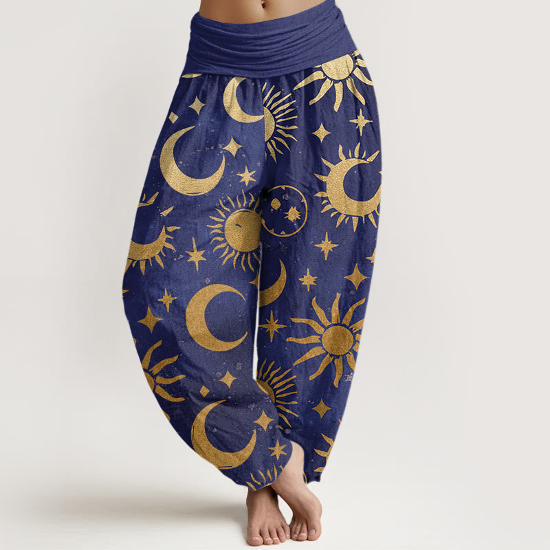 Nimara Ritual Cotton Crescent Moon Sun Stars Pattern Design Women's Elastic Waist Harem Pants