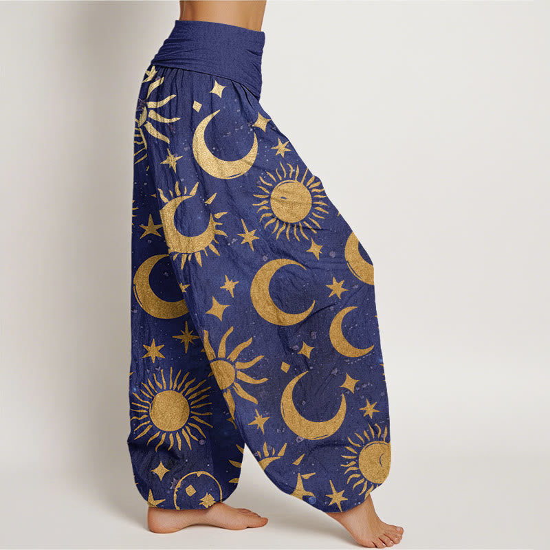Nimara Ritual Cotton Crescent Moon Sun Stars Pattern Design Women's Elastic Waist Harem Pants