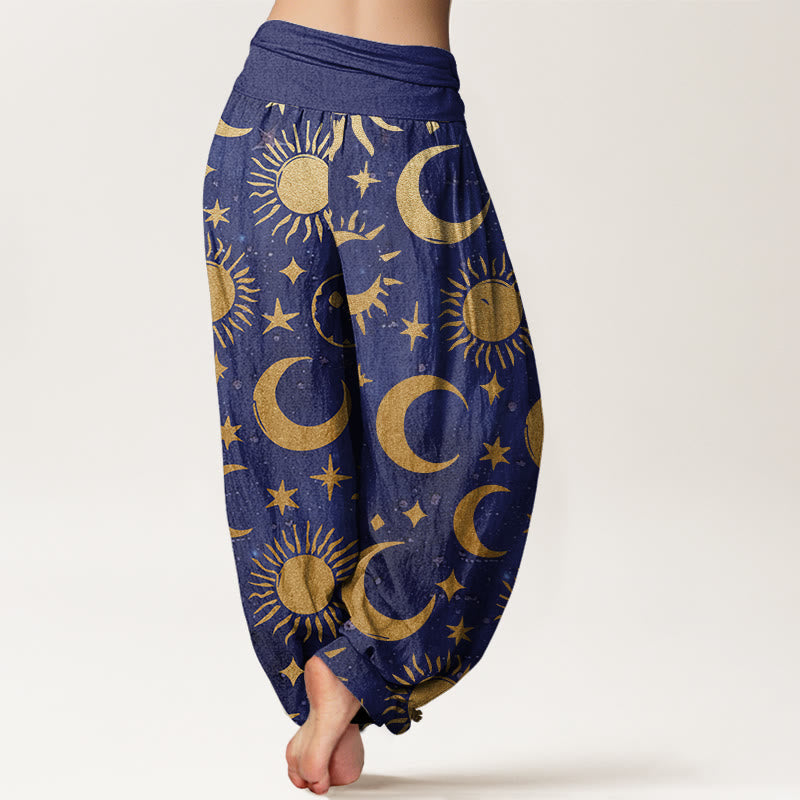 Nimara Ritual Cotton Crescent Moon Sun Stars Pattern Design Women's Elastic Waist Harem Pants