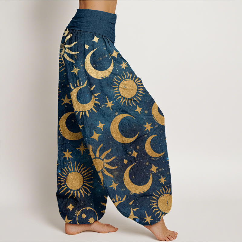 Nimara Ritual Cotton Crescent Moon Sun Stars Pattern Design Women's Elastic Waist Harem Pants