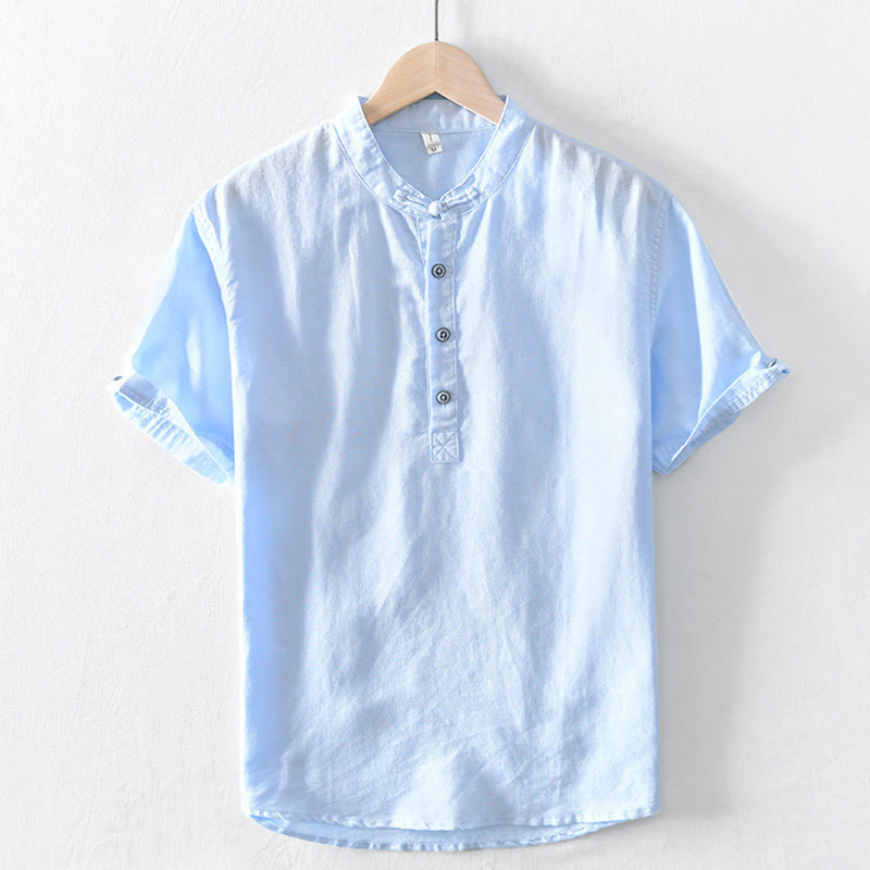 Nimara Ritual Solid Color Half Button Design Stand Collar Men's Short Sleeve Cotton Linen Shirt