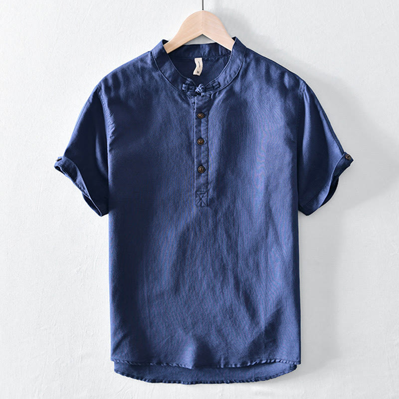 Nimara Ritual Solid Color Half Button Design Stand Collar Men's Short Sleeve Cotton Linen Shirt