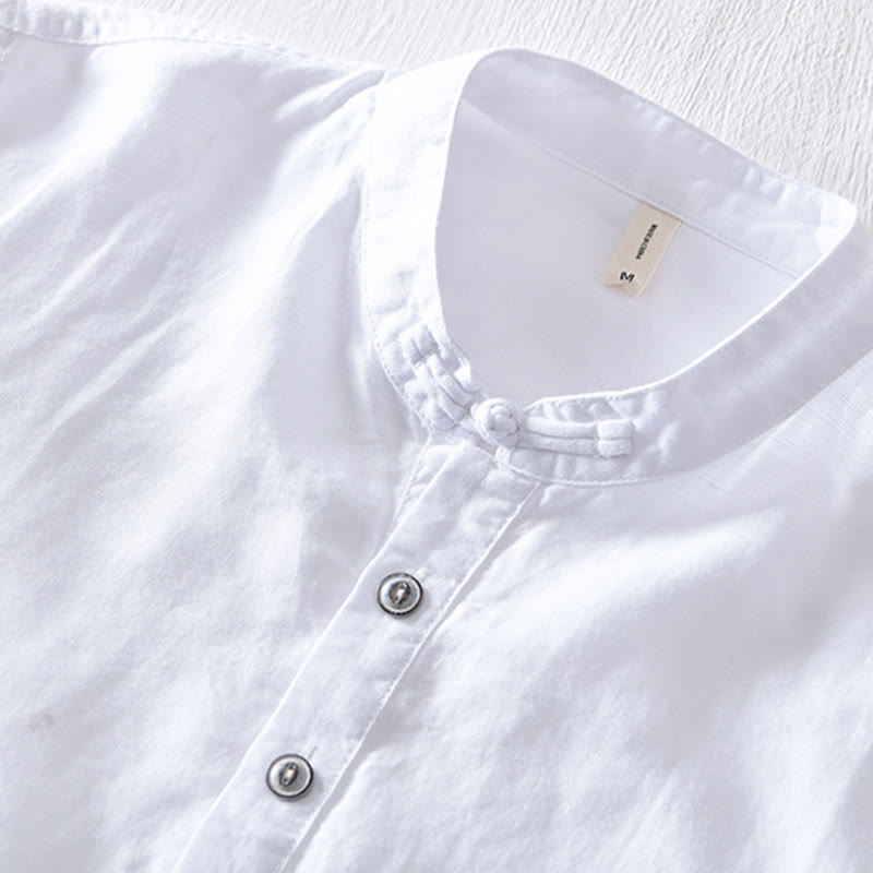 Nimara Ritual Solid Color Half Button Design Stand Collar Men's Short Sleeve Cotton Linen Shirt