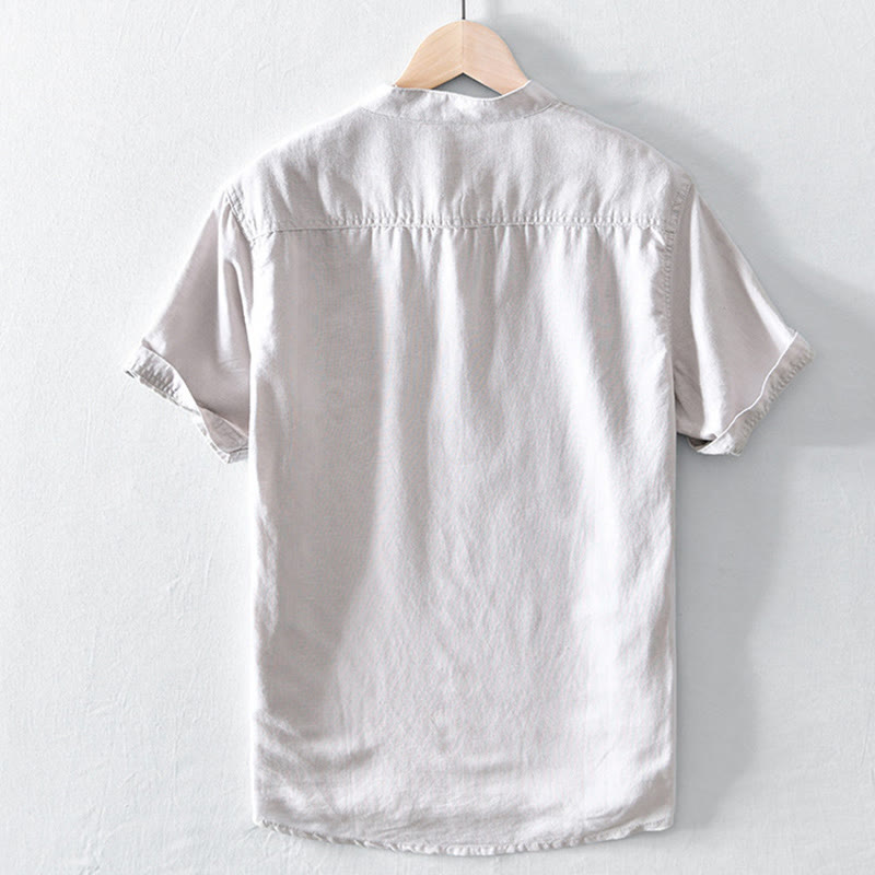 Nimara Ritual Solid Color Half Button Design Stand Collar Men's Short Sleeve Cotton Linen Shirt