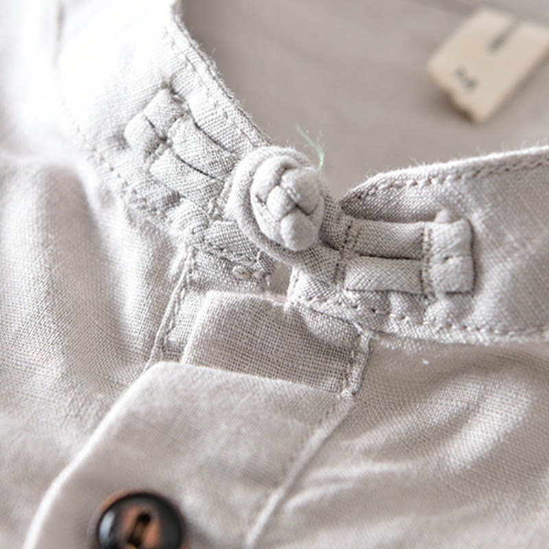 Nimara Ritual Solid Color Half Button Design Stand Collar Men's Short Sleeve Cotton Linen Shirt